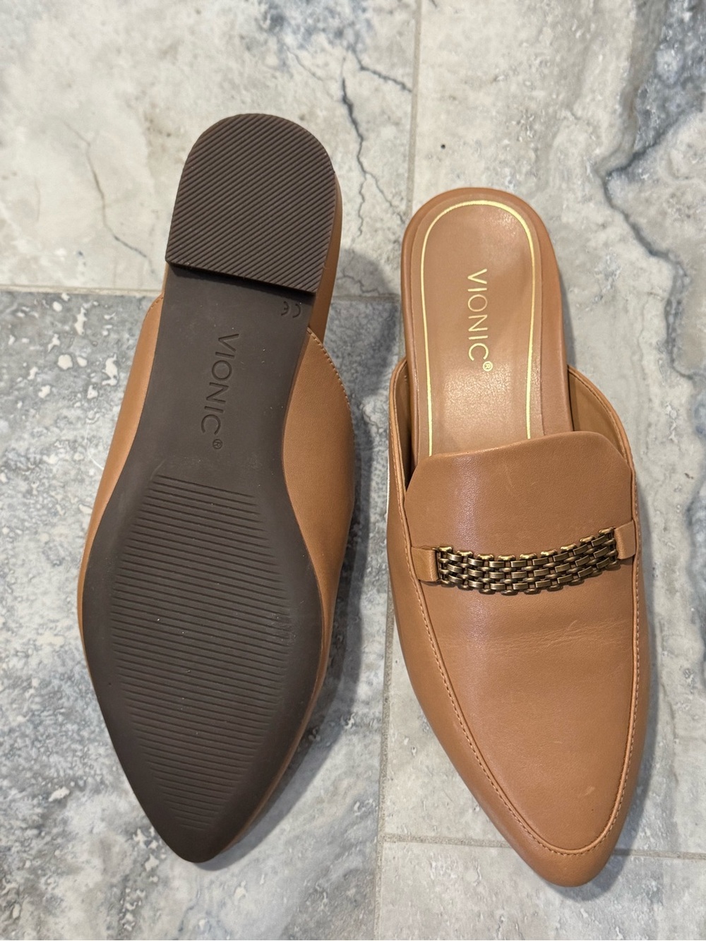 Vionic Tan Leather Slip-On Mule with Chain Accent
